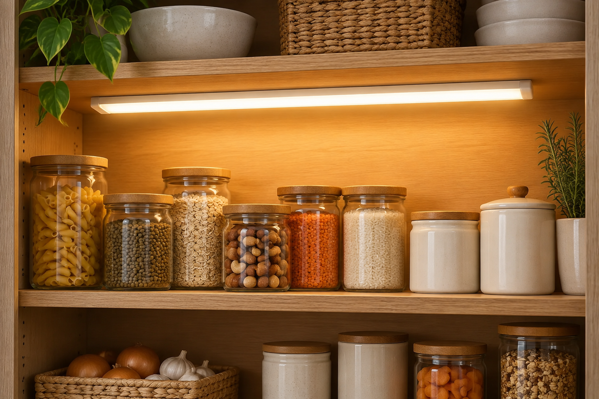 LED light bar illuminating pantry shelves